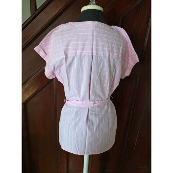 Talbots Womens Pink & White Striped Button-Up Blouse With Tie Waist Size M - Picture 3 of 6